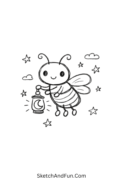 Glowing firefly holding a crescent moon lantern under stars, Insect doodle ideas