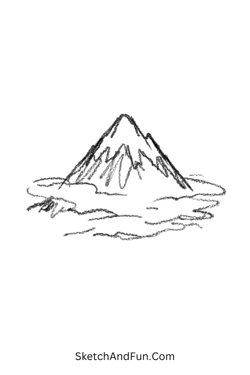 Aesthetic zen drawings of misty mountain in soft fading style