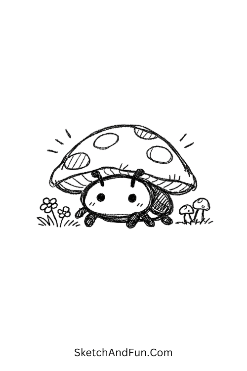 Rounded beetle hiding under a mushroom cap in the rain, Printable bug doodles