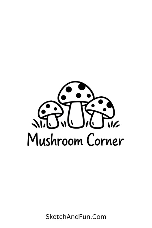 Three spotted mushrooms with grass lines, nature doodles