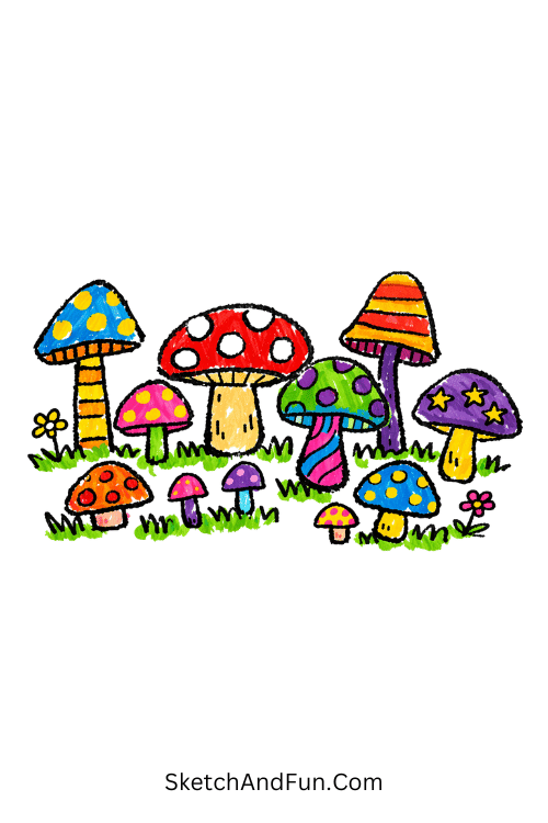 Mushroom fantasy scene with easy Posca pen drawings for beginners colorful magical mushrooms