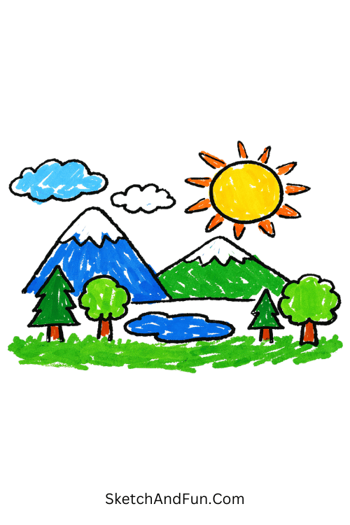Nature scene with flat colors using simple Posca pen art drawings mountains and trees