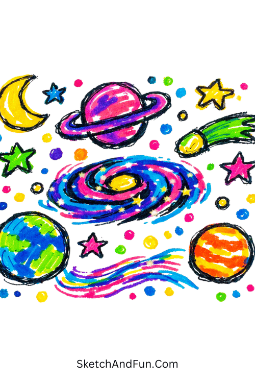 Neon galaxy scene with aesthetic Posca pen drawings easy glowing stars and space effects