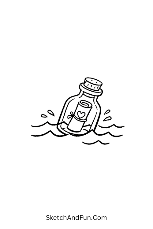 Glass bottle floating with heart note inside ocean waves, Ocean doodle ideas Pinterest