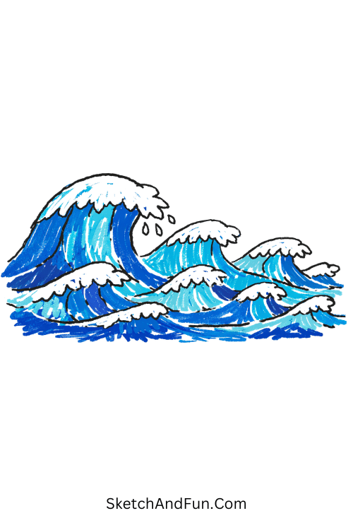 Ocean wave design with Posca pen drawing ideas for sketchbook flowing blue wave art