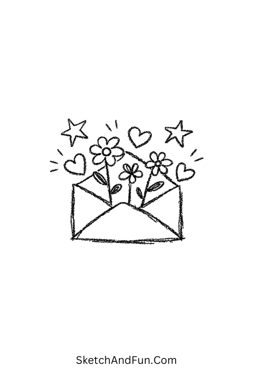 A doodle of an envelope bursting with flowers and stars, scrapbook decoration doodles