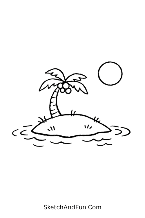 Tiny island with palm tree and sun in simple layout, Sea drawing easy for beginners