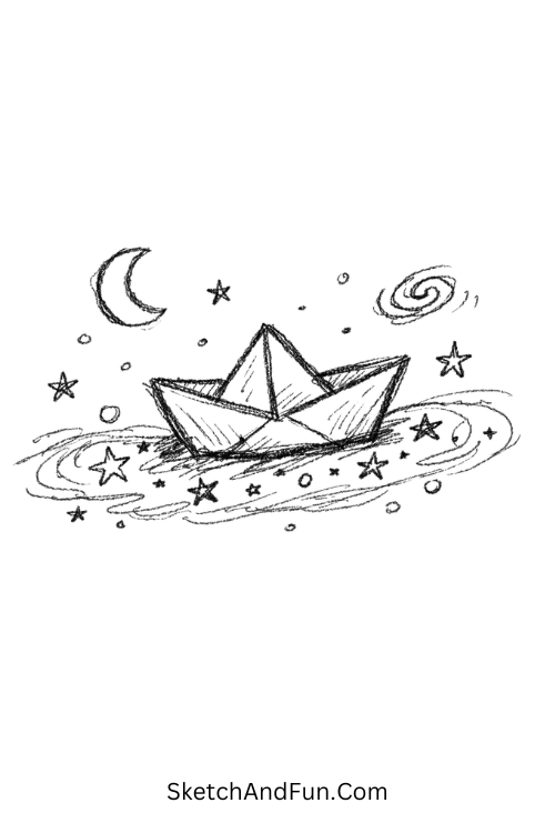 Paper boat sailing through galaxy stars, aesthetic simple doodles ideas