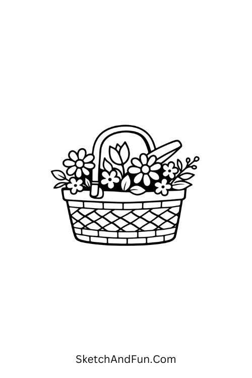 Picnic basket filled with flowers, cute garden doodles