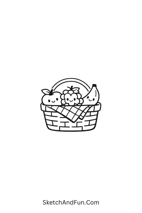 A drawing of a picnic basket with fruits, june drawing prompts