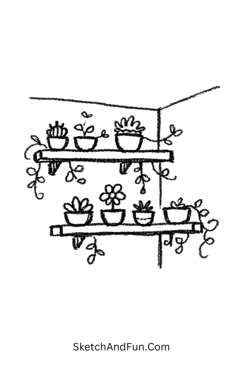 A doodle of small plants on shelves with vines, minimalist scrapbook doodles