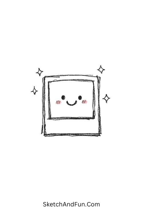 A doodle of a polaroid frame with a smiling face and sparkles, cute scrapbook doodles