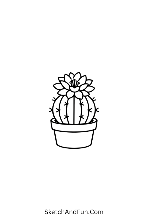 Potted cactus with blooming flower, easy doodle drawings