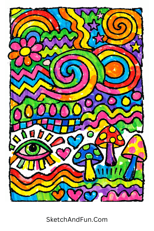 Psychedelic pattern art with Posca pen creative drawing ideas wavy colorful abstract shapes