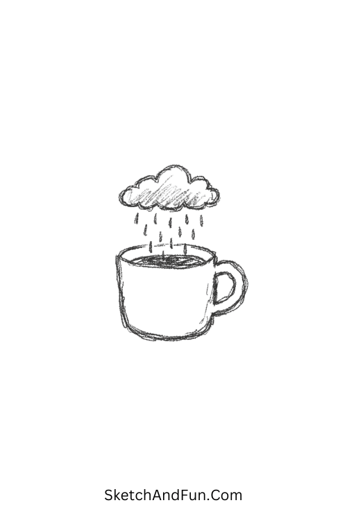 Coffee cup under rain cloud steam effect, simple doodles food aesthetic