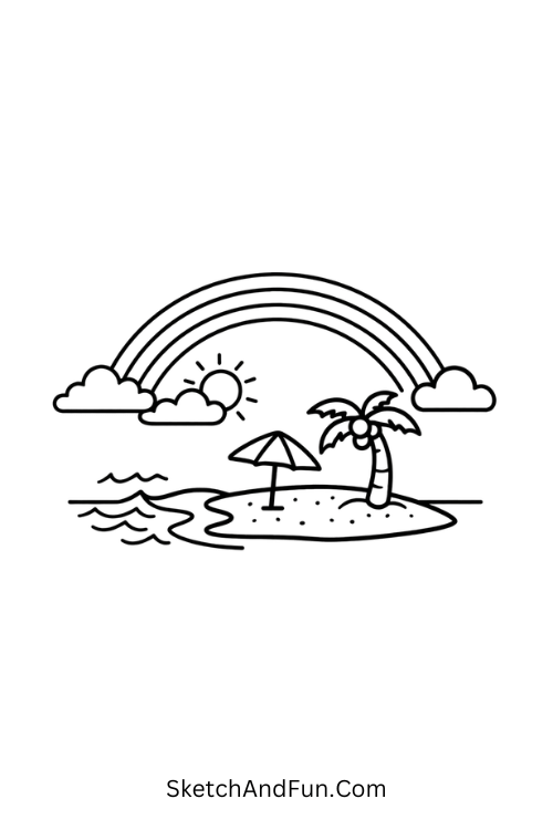 A drawing of a rainbow over a beach scene, june art ideas