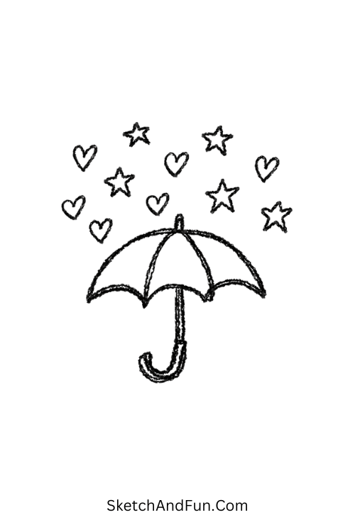 A doodle of umbrella with heart shaped rain drops, easy scrapbook doodles