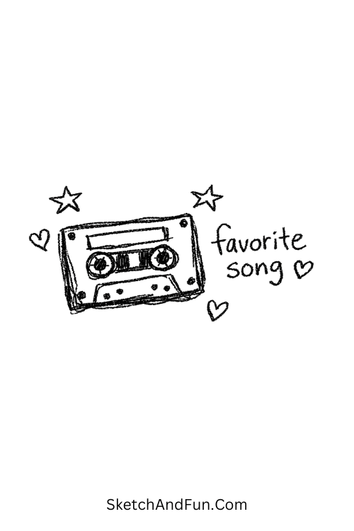 A doodle of cassette tape with stars and hearts, scrapbook drawing easy