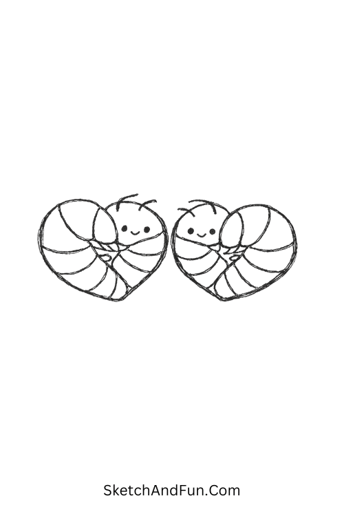 Two cute pill bugs curled into heart shapes beside each other, Doodle insects step by step