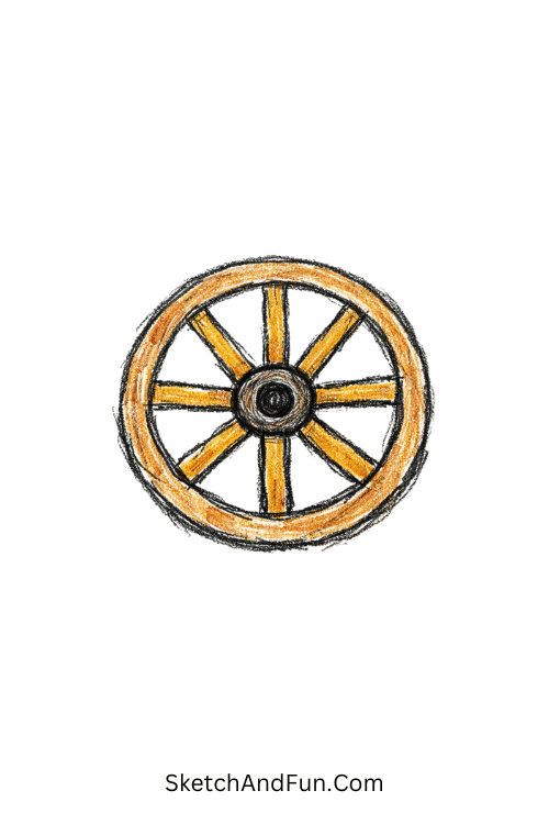 Wooden wagon wheel with rustic bold outline, western doodle patterns