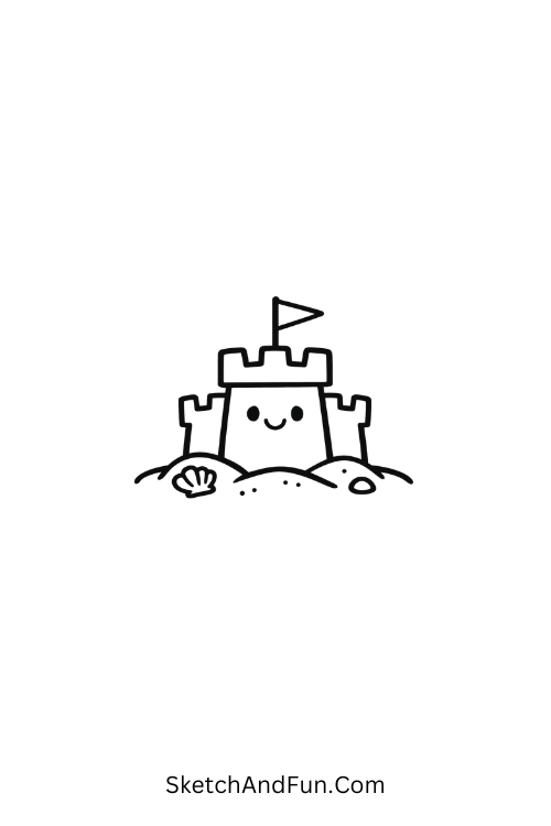 A drawing of a cute sandcastle with a flag, june holiday drawings