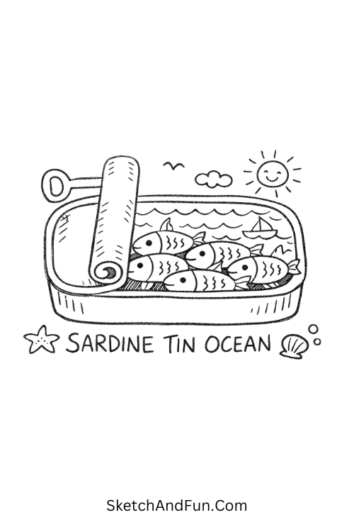 Tiny fish packed in open tin can in funny ocean style, Marine doodles