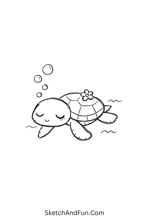 Sleepy sea turtle floating with bubbles and flower shell, Underwater doodles