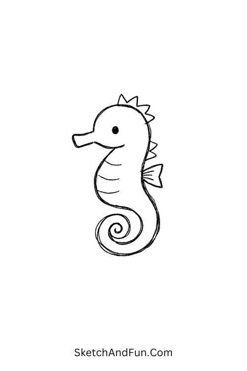 Elegant seahorse with ribbon curled tail in soft design, Summer sea doodles printable