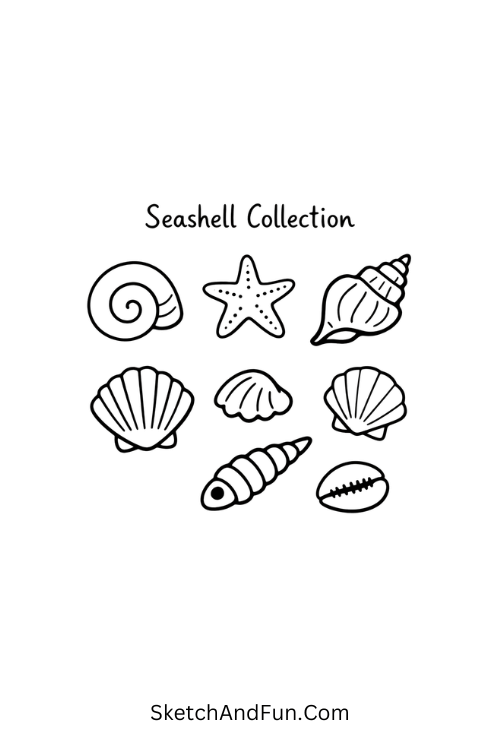 A drawing of small seashells grouped together, june sketch ideas