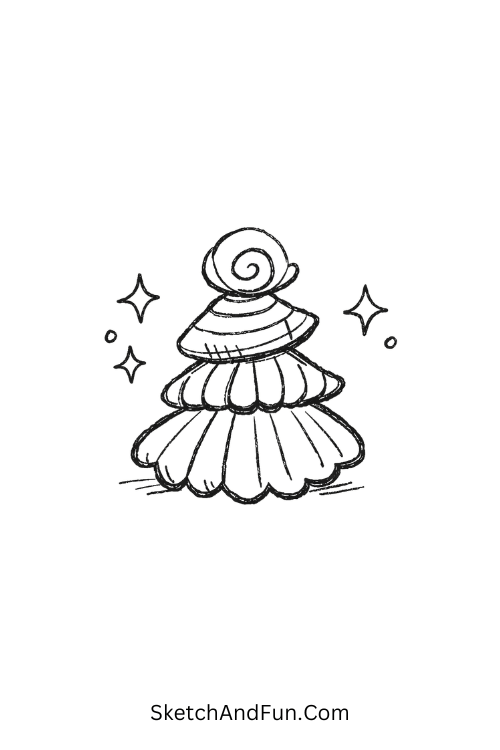 Three stacked seashells with sparkles in minimal style, Simple sea doodles