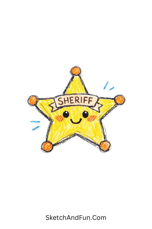 Sheriff star badge with cute smiling face detail, western doodles clipart