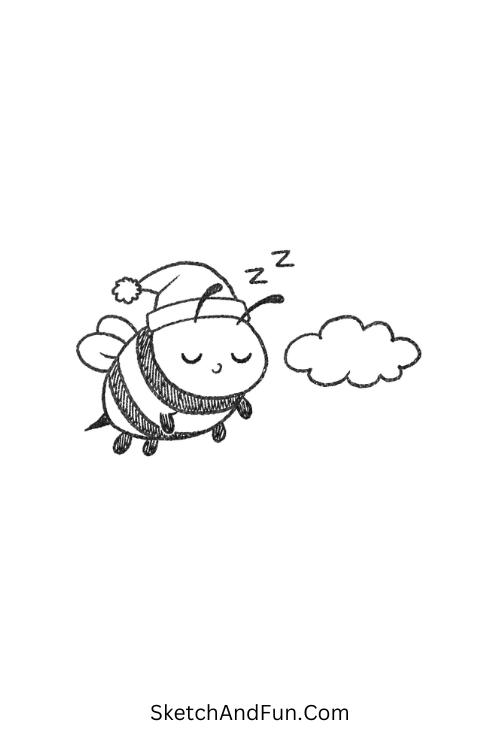 Chubby bumblebee wearing a sleeping cap beside a fluffy cloud, Cute bug doodles