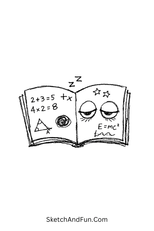 Sleepy open math book with tiny equations floating and cute relaxed expressions, Doodle learning math