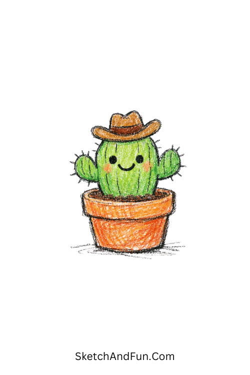 Cute cactus in pot with cowboy hat and happy face, cactus western doodles