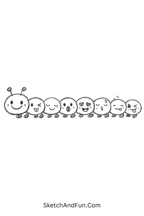 Long caterpillar with funny smiling faces on each body section, Bug doodles for kids