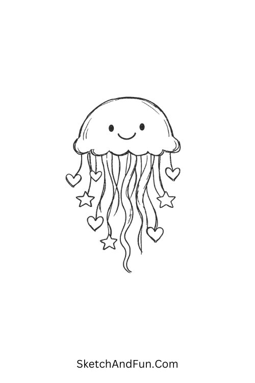 Cute jellyfish with heart and star tentacles floating gently, Cute sea doodles