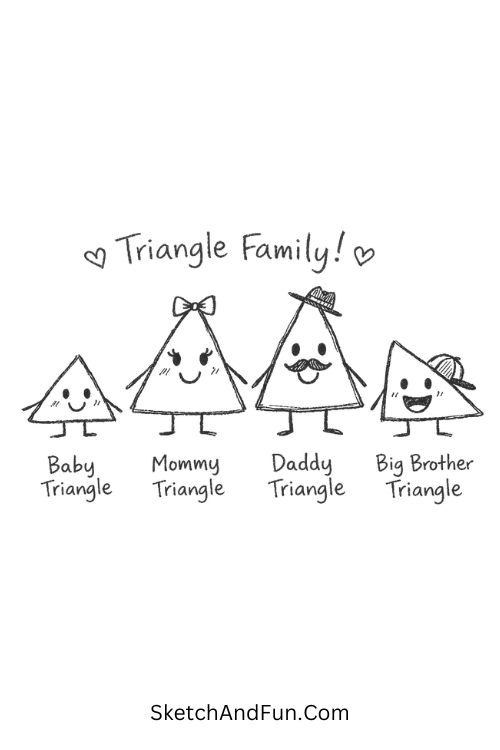 Happy triangle family with smiling faces in different triangle shapes, Math doodles for kids