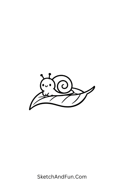 Spiral snail resting on curved leaf, leaf doodles