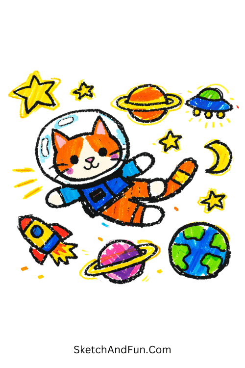 Space cat illustration using Posca pen art inspiration easy designs floating cosmic cat art