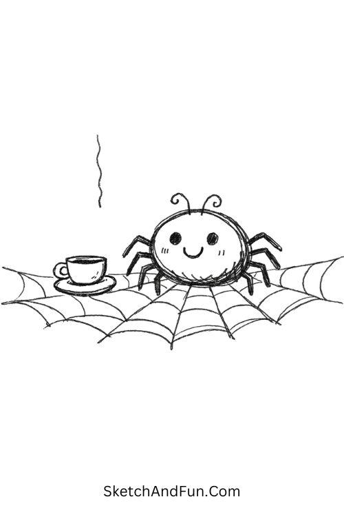 Smiling spider having tea on a dangling web with a tiny teacup, Cartoon bug doodles