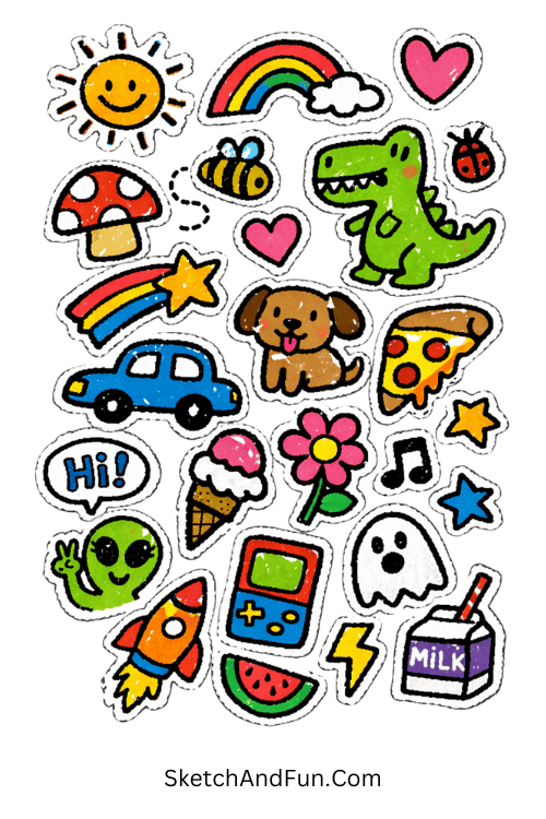Sticker-style art page using Posca marker sketchbook ideas mini cute sticker designs