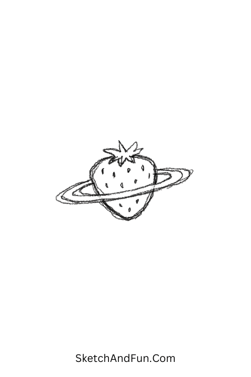 Strawberry shaped like Saturn with rings, simple line doodles aesthetic