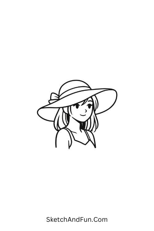 A drawing of a girl with a floppy summer hat, june drawing aesthetic