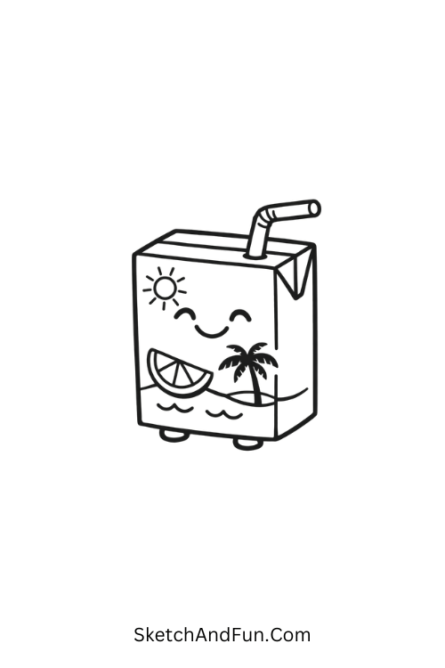 A drawing of a juice box with straw smiling, june drawing challenge