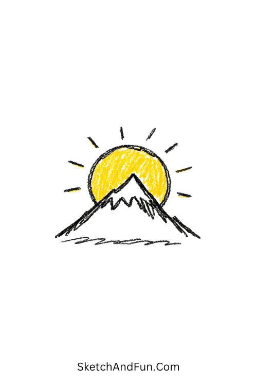 A doodle of a sun behind a bold mountain silhouette, easy mountain drawing