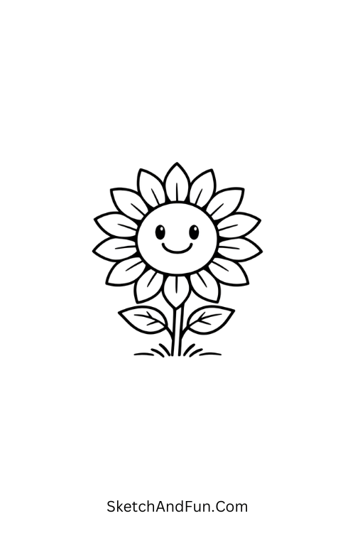 A drawing of a smiling sunflower with big petals, june drawing ideas
