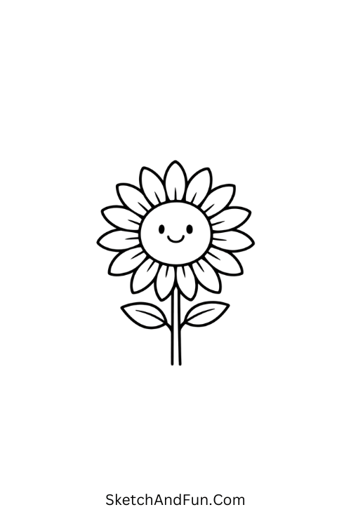 Smiling sunflower with cute face center, aesthetic flower doodles