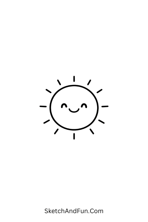 A drawing of a smiling sun with tiny rays, june drawing easy