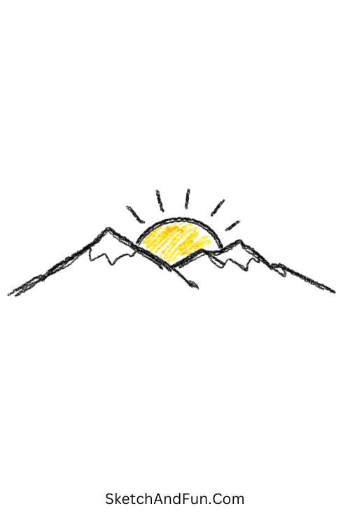 A doodle of a mountain ridge with a rising sun behind it, mountain landscape doodle