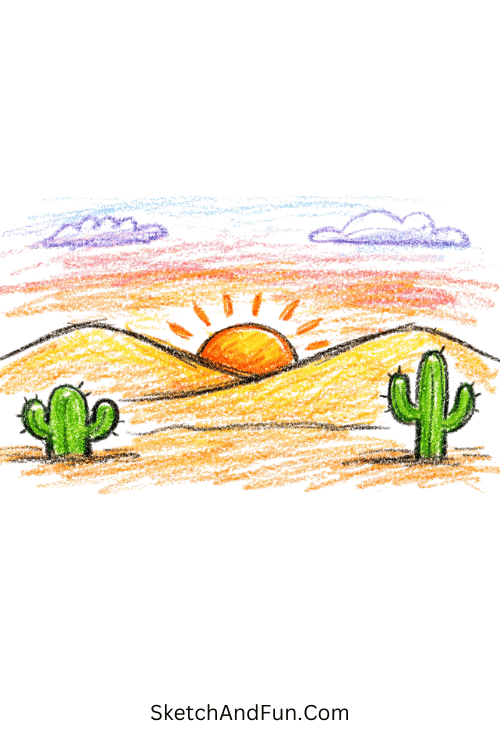 Sunset desert scene with hills and cactus shapes, western doodles coloring pages